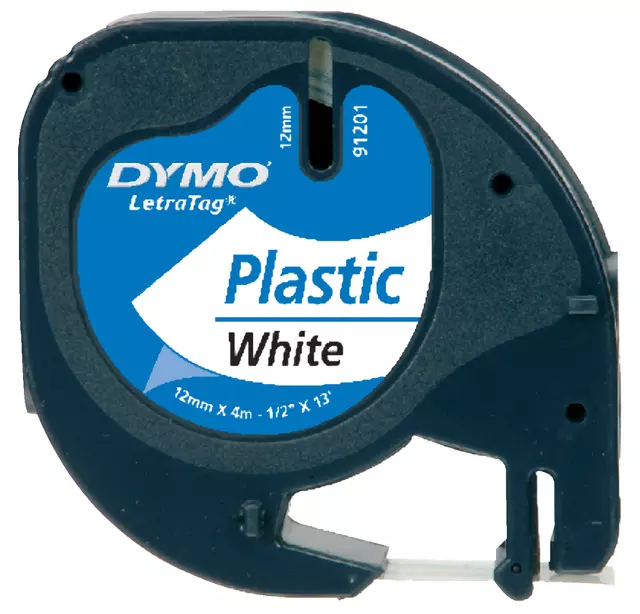 Een Labeltape Dymo LetraTag plastic 12mm zwart op wit koop je bij EconOffice