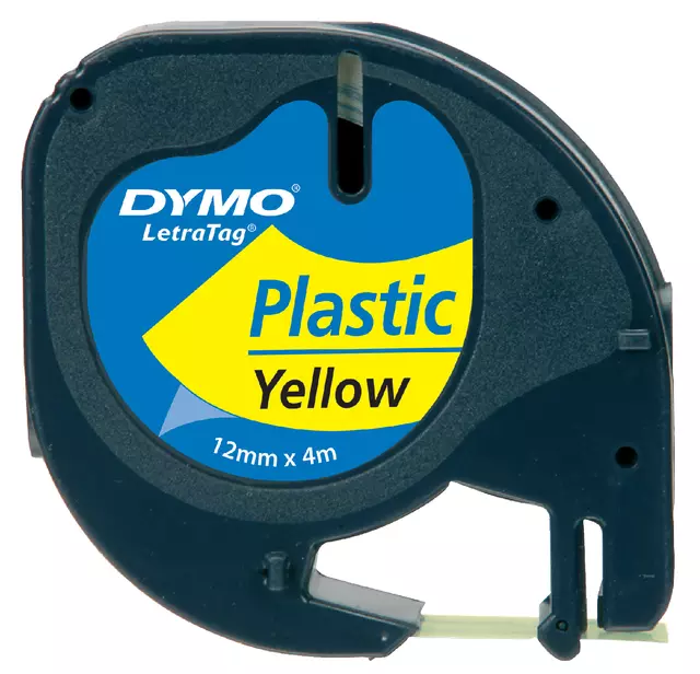 Een Labeltape Dymo LetraTag plastic 12mm zwart op geel koop je bij EconOffice