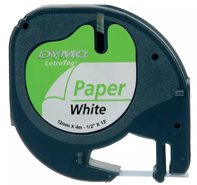 Een Labeltape Dymo LetraTag papier 12mm zwart op wit koop je bij Van Leeuwen Boeken- en kantoorartikelen
