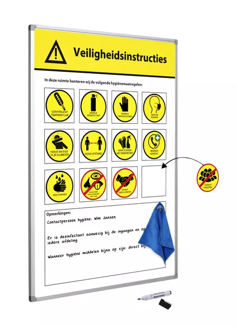 Een Veiligheidsbord Corona met wisselbare iconen Nederlandstalig 60x90cm koop je bij Van Hoye Kantoor BV