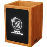 SCX.design O12 houten potloodhouder met oplichtend logo en dubbele USB-uitgang