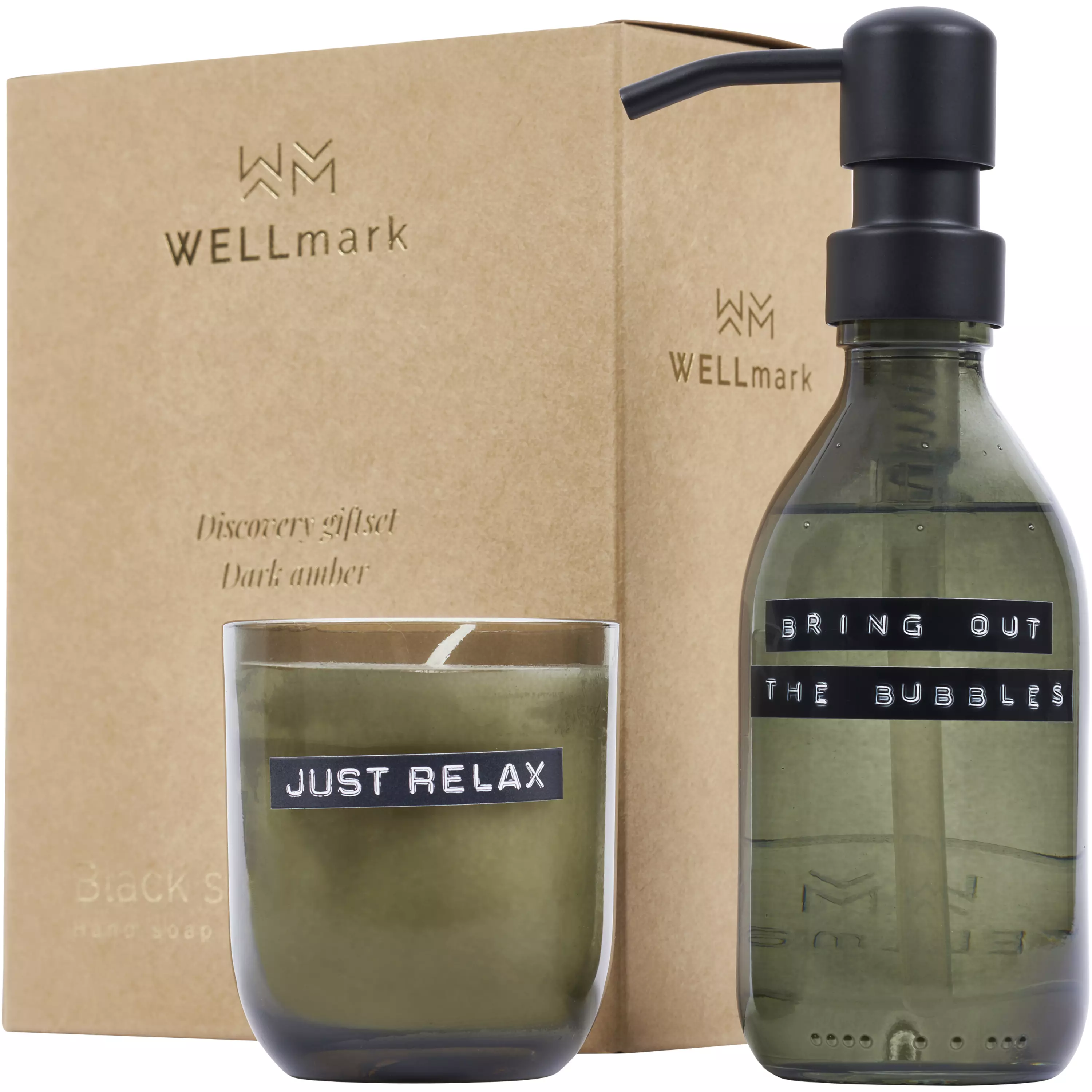 Wellmark Discovery 200 ml handzeepdispenser en 150 g geurkaarsenset - donker amberkleurige geur