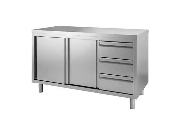 Een Gastro M RVS werktafel met schuifdeuren en 3 laden 88x140x70cm koop je bij ShopXPress