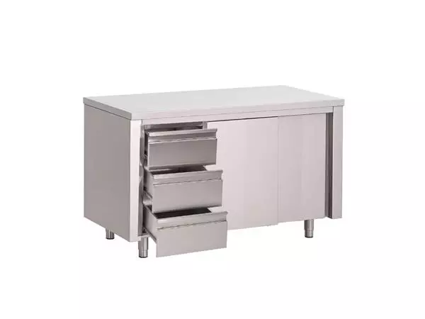 Een Gastro M RVS werktafel met schuifdeuren en 3 laden 88x150x70cm koop je bij ShopXPress