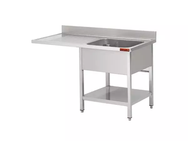 Een Gastro-M Spoeltafel met onderstel en onderblad mm 1200x 700x850 Met uitsparing voor VW, 1 bak rechts 500x500x320, dienblad links INOX koop je bij ShopXPress