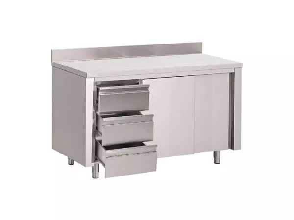 Een Gastro M werktafel met 3 laden links, schuifdeuren en achteropstand 88x100x70cm koop je bij ShopXPress