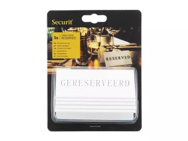 Een Securit Reservering tafelstandaards met Nederlands: 'Gereserveerd' Wit Acryl standaarden met zwart lettertype (box 5) koop je bij ShopXPress