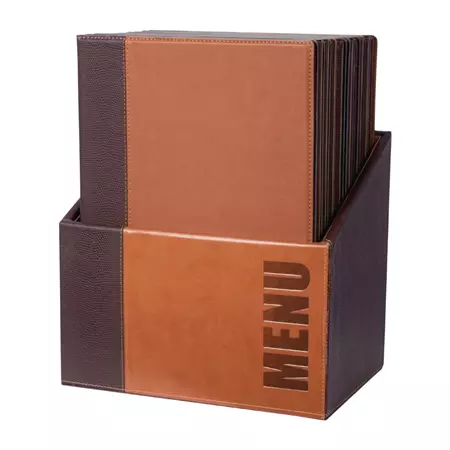 Een Securit Trendy menumappen set met houten kist A4 bruin (20 stuks) koop je bij ShopXPress