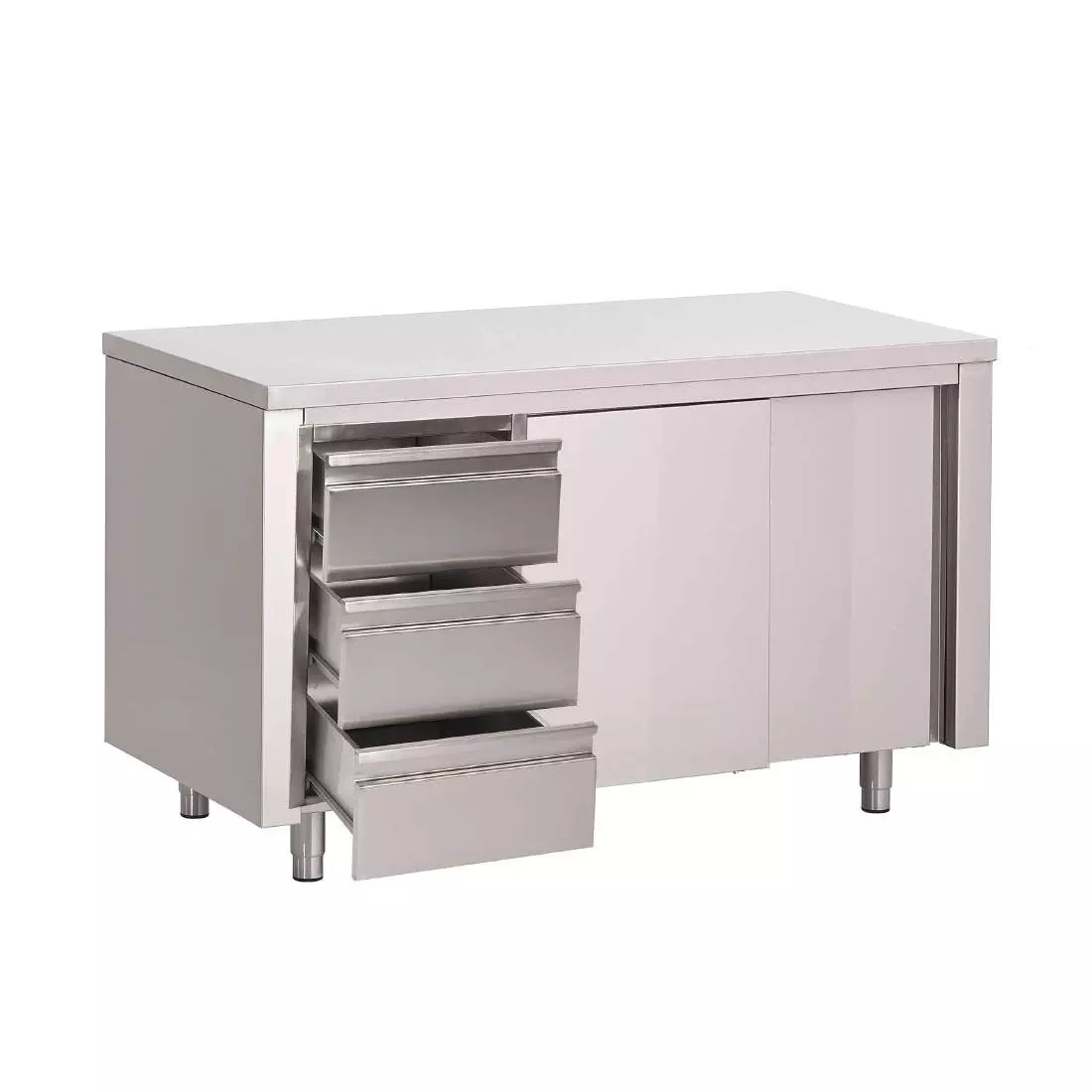 Een Gastro M RVS werktafel met schuifdeuren en 3 laden 88x200x70cm koop je bij ShopXPress