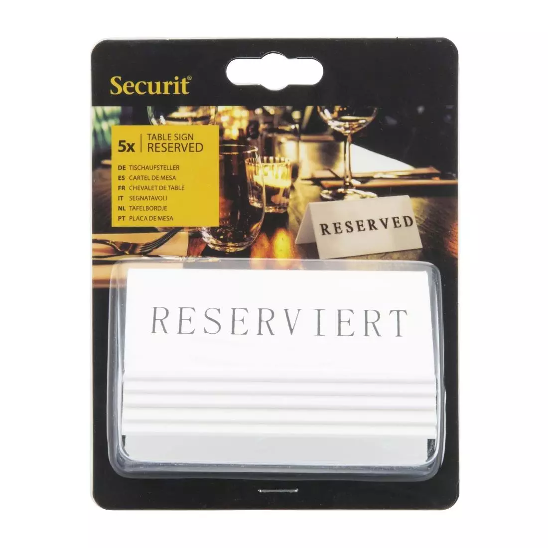 Een Securit Reserveringstafelstandaards met Duits: 'Reserviert' Witte acryl standaarden met zwart lettertype (box 5) koop je bij ShopXPress