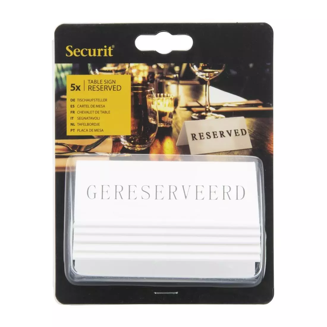 Een Securit Reservering tafelstandaards met Nederlands: 'Gereserveerd' Wit Acryl standaarden met zwart lettertype (box 5) koop je bij ShopXPress