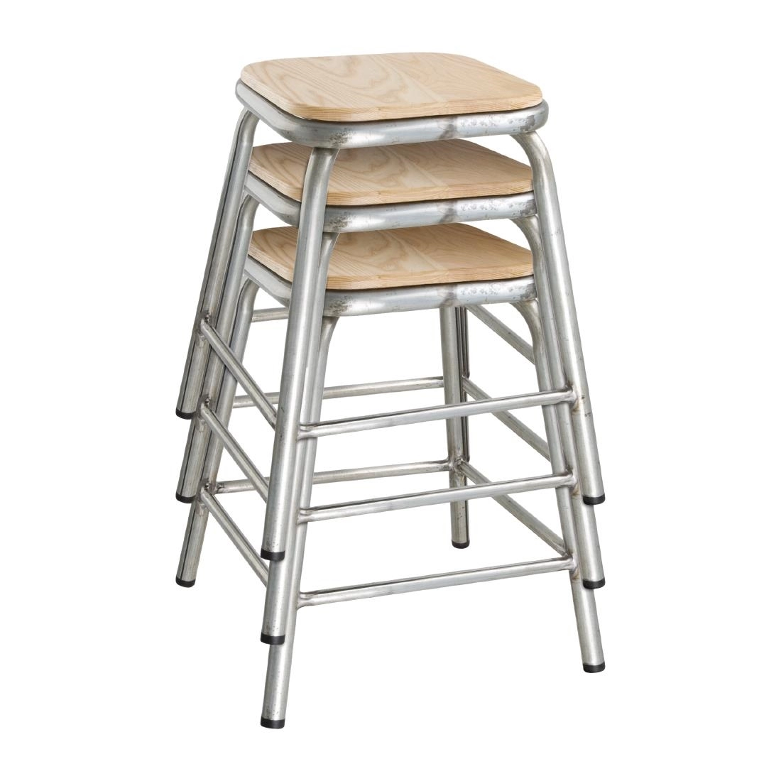 Vous pouvez acheter un Tabouret bas en acier galvanisé avec assise en bois Bolero Cantina (lot de 4) chez Supplierz BV