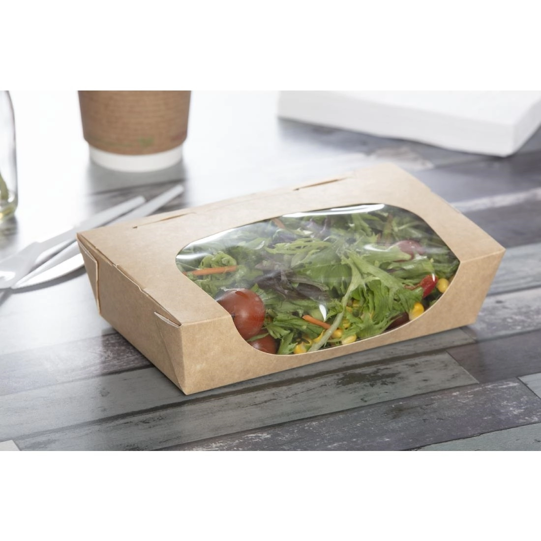 Vous pouvez acheter un Barquettes à salade kraft recyclables avec fenêtre 1000ml (lot de 200) chez Supplierz BV