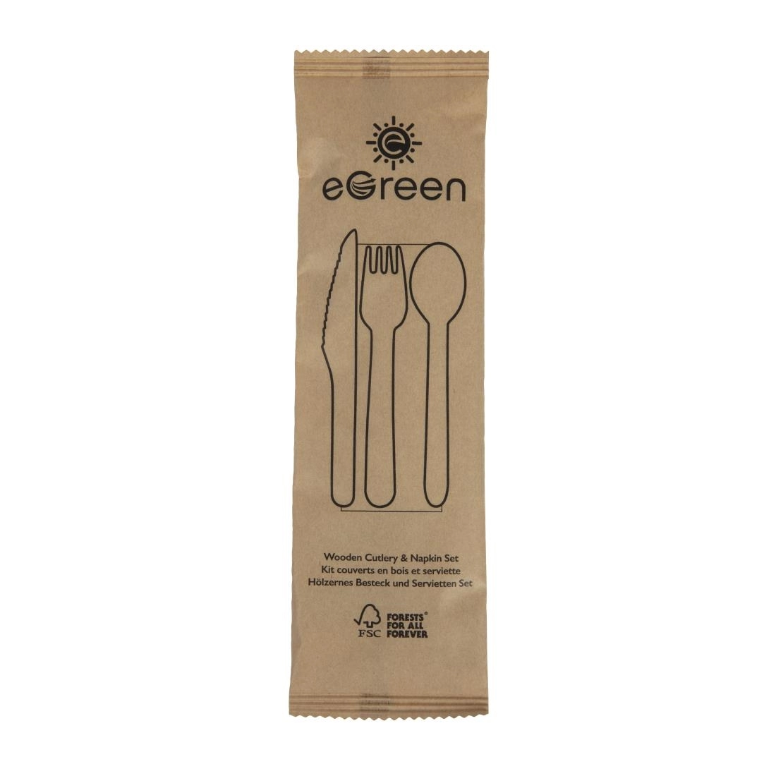 Vous pouvez acheter un Ensembles de couverts en bois 4-en-1 emballages individuels kraft eGreen (lot de 250) chez Supplierz BV