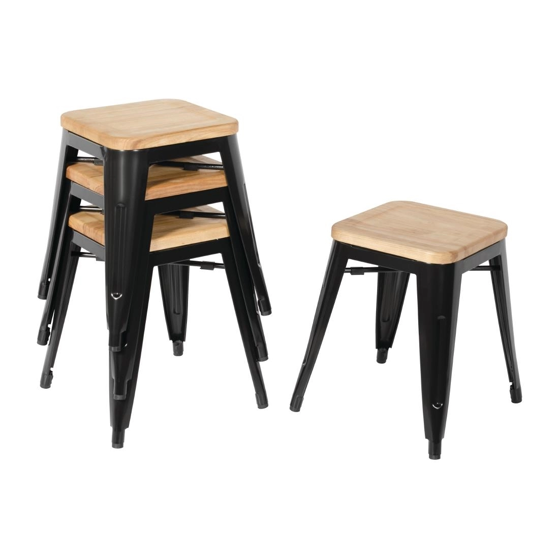 Vous pouvez acheter un Tabourets bistro bas en acier noir avec assise en bois Bolero (lot de 4) chez Supplierz BV