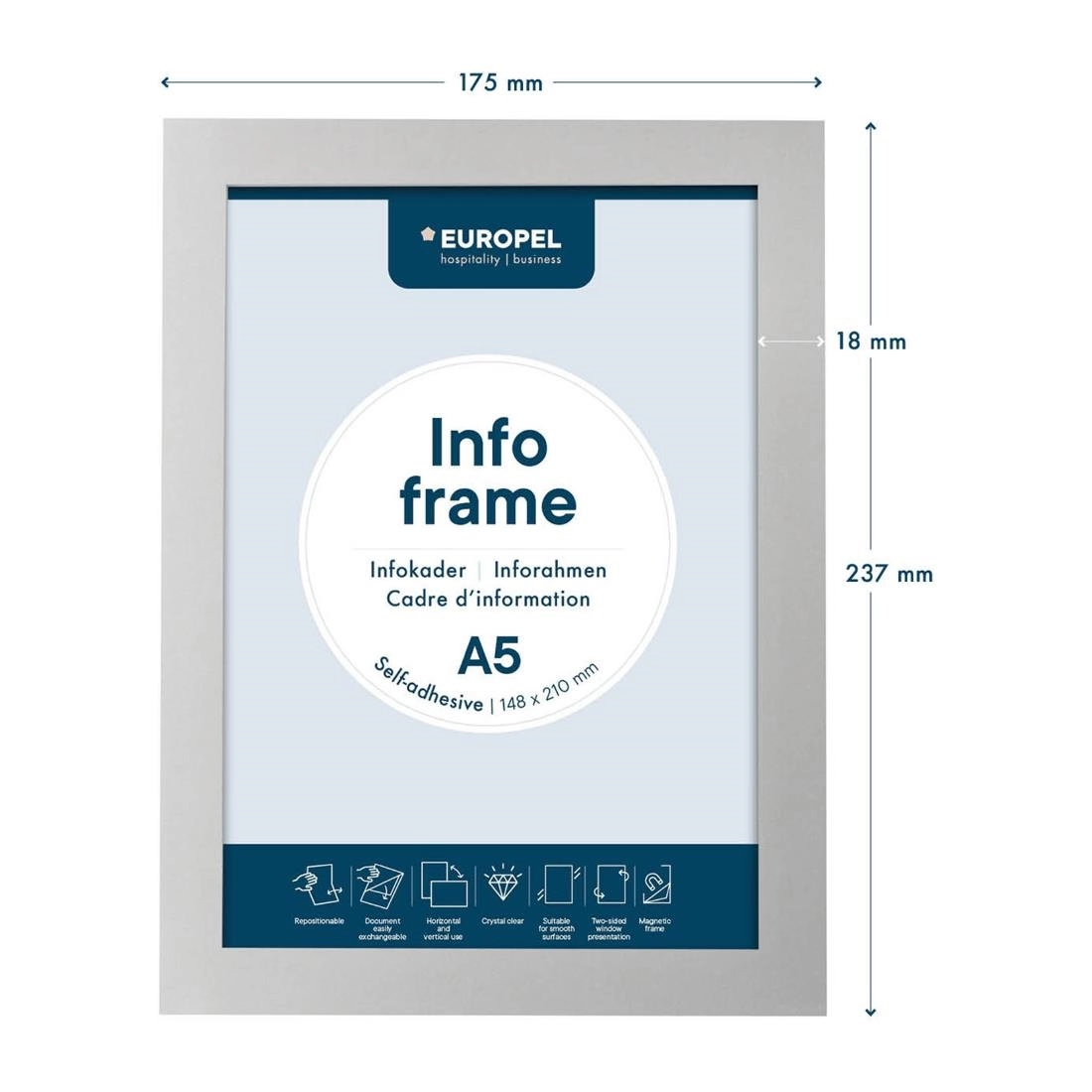 Vous pouvez acheter un Cadres d'affichage autocollants Europel A5 argent (lot de 2) chez Supplierz BV