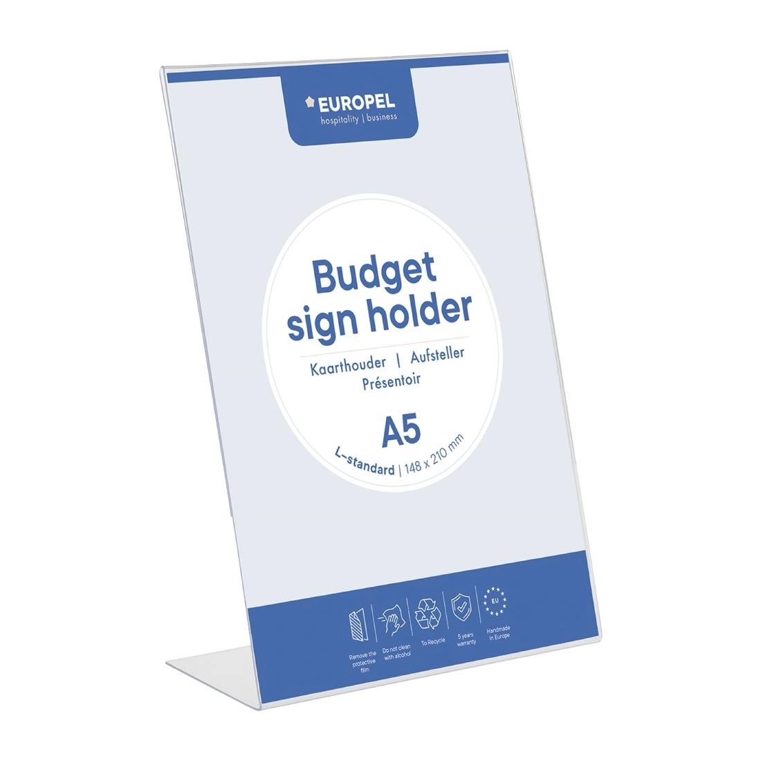 Vous pouvez acheter un Présentoir de table Europel Budget L-standard A5 transparent chez Supplierz BV