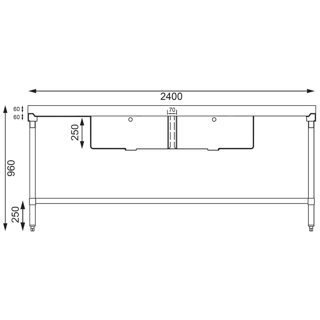 Buy your Vogue RVS spoeltafel dubbele spoelbak afdruiprek links en rechts 240x60cm at Supplierz BV