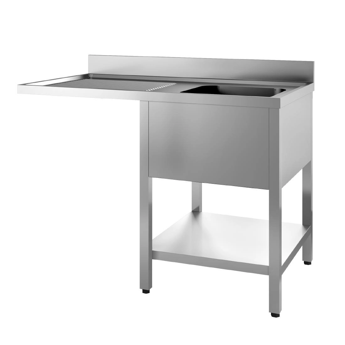 Een Gastro-M Spoeltafel met onderstel en onderblad mm 1200x 700x850 Met uitsparing voor VW, 1 bak rechts 500x500x320, dienblad links INOX koop je bij ShopXPress