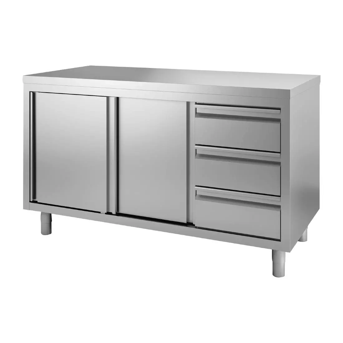 Een Gastro M RVS werktafel met schuifdeuren en 3 laden 88x140x70cm koop je bij ShopXPress