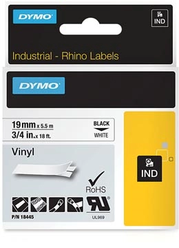 Een Dymo RHINO vinyltape 19 mm, zwart op wit koop je bij Supplierz BV