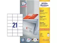 Een Avery Zweckform 3652, Universele etiketten, Ultragrip, wit, 100 vel, 21 per vel, 70 x 42,3 mm koop je bij ShopXPress