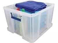 Een Bankers Box opbergdoos 48 liter, transparant met blauwe handvaten, per stuk verpakt in karton koop je bij ShopXPress