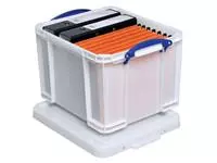 Een Really Useful Box opbergdoos 35 liter, wit met blauwe handvaten koop je bij ShopXPress