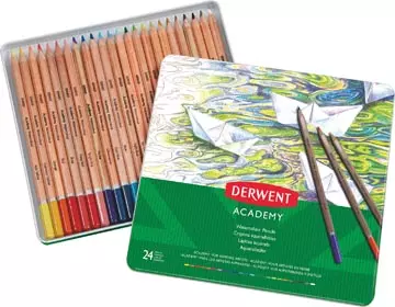 Een Derwent aquarelpotlood Academy , blik van 24 stuks in geassorteerde kleuren koop je bij ShopXPress