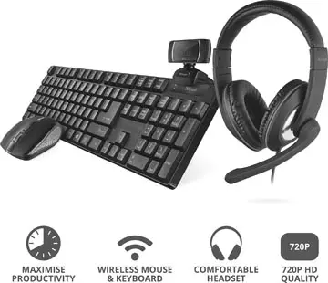 Een Trust Qoby 4-in-1 Home Office Set met Webcam, headset, toetsenbord (azerty) en muis koop je bij ShopXPress