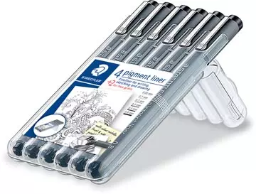 Een Staedtler pigment liner fineliner, ronde punt, verschillende schrijfbreedtes, etui van 4 + 2, zwart koop je bij ShopXPress