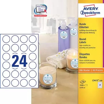 Een Avery Zweckform L3415-100 ronde etiketten, diameter 40 mm, 2400 etiketten, wit koop je bij ShopXPress