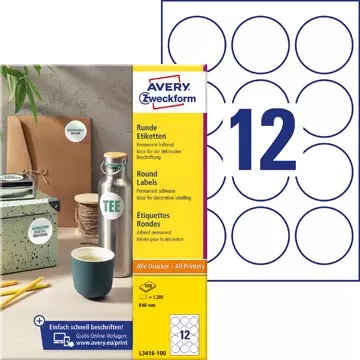 Een Avery Zweckform ronde etiketten, diameter 60 mm, wit, permanent klevend, 120 etiketten, 10 vellen koop je bij ShopXPress