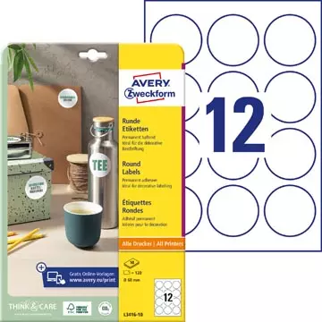 Een Avery Zweckform ronde etiketten, diameter 60 mm, wit, permanent klevend, 120 etiketten, 10 vellen koop je bij ShopXPress