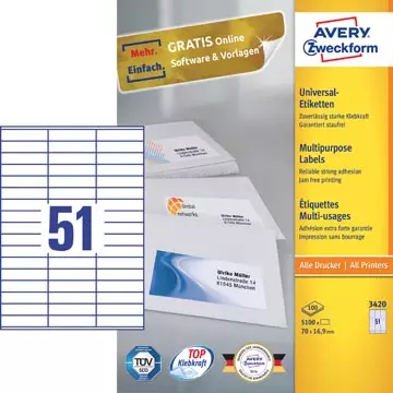 Een Avery Zweckform 3420, Universele etiketten, Ultragrip, wit, 100 vel, 51 per vel, 70 x 16,9 mm koop je bij ShopXPress
