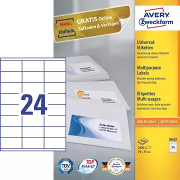 Een Avery Zweckform 3422, Universele etiketten, Ultragrip, wit, 100 vel, 24 per vel, 70 x 35 mm koop je bij ShopXPress