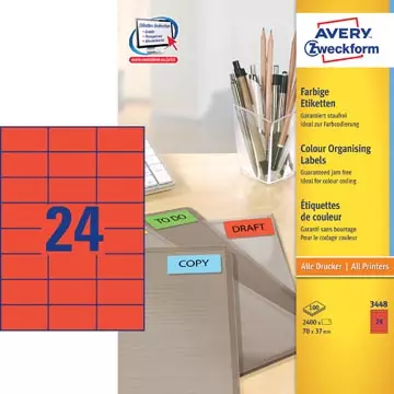 Een Avery etiketten ILC ft 70 x 37 mm (b x h), 2400 etiketten per doos, 24 per blad, rood koop je bij ShopXPress