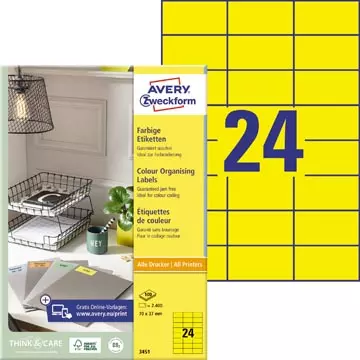 Een Avery gekleurde universele etiketten ft 70 x 37 mm (b x h), 2400 stuks, geel koop je bij ShopXPress