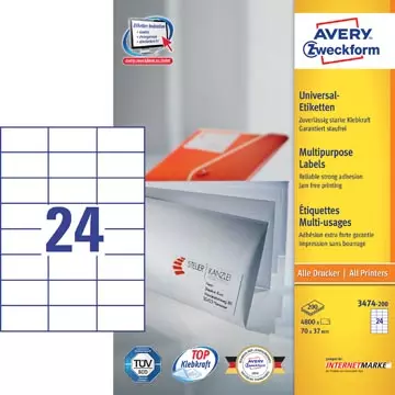 Een Avery Zweckform 3474, Universele etiketten, Ultragrip, wit, 200 vel, 24 per vel, 70 x 37 mm koop je bij ShopXPress