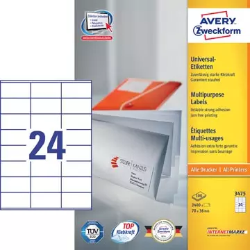 Een Avery Zweckform 3475, Universele etiketten, Ultragrip, wit, 100 vel, 24 per vel, 70 x 36 mm koop je bij ShopXPress