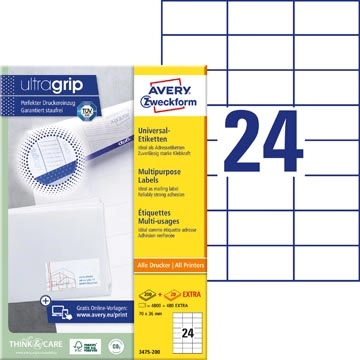 Een Avery Zweckform 3475, Universele etiketten, Ultragrip, wit, 200 vel, 24 per vel, 70 x 36 mm koop je bij ShopXPress