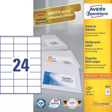 Een Avery Zweckform 3475, Universele etiketten, Ultragrip, wit, 200 vel, 24 per vel, 70 x 36 mm koop je bij ShopXPress