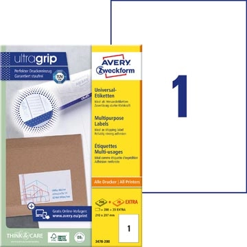 Buy your Avery Zweckform 3478-2, Universele etiketten, Ultragrip, wit, 200 vel, 1 per vel, ft 210 x 297 mm at Supplierz BV