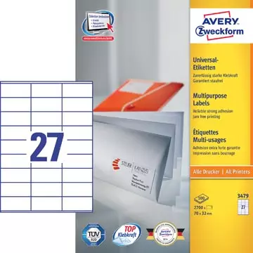 Een Avery Zweckform 3479, Universele etiketten, Ultragrip, wit, 100 vel, 27 per vel, 70 x 32 mm koop je bij ShopXPress