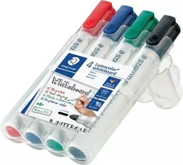 Een Staedtler Lumocolor whiteboardmarker etui van 4 stuks in geassorteerde kleuren koop je bij ShopXPress