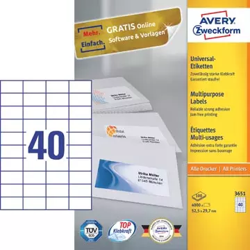 Een Avery Zweckform 3651, Universele etiketten , Ultragrip, wit, 100 vel, 40 per vel, 52,5 x 29,7 mm koop je bij ShopXPress