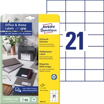 Een Avery Zweckform universele etiketten, 70 x 42,3 mm, wit, permanent klevend, 210 etiketten, 10 vellen koop je bij ShopXPress