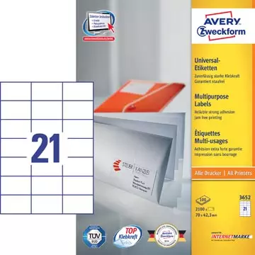 Een Avery Zweckform 3652, Universele etiketten, Ultragrip, wit, 100 vel, 21 per vel, 70 x 42,3 mm koop je bij ShopXPress