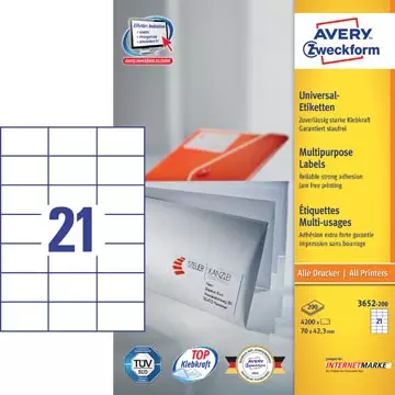 Een Avery Zweckform 3652, Universele etiketten, Ultragrip, wit, 200 vel, 21 per vel, 70 x 42,3 mm koop je bij ShopXPress