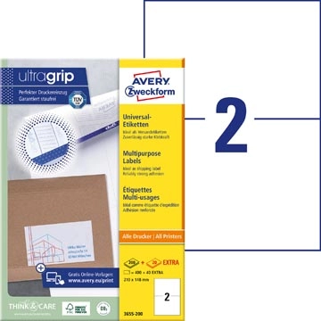 Een Avery Zweckform 3655-2, Universele etiketten, Ultragrip, wit, 200 vel, 2 per vel, ft 210 x 148 mm koop je bij Supplierz BV